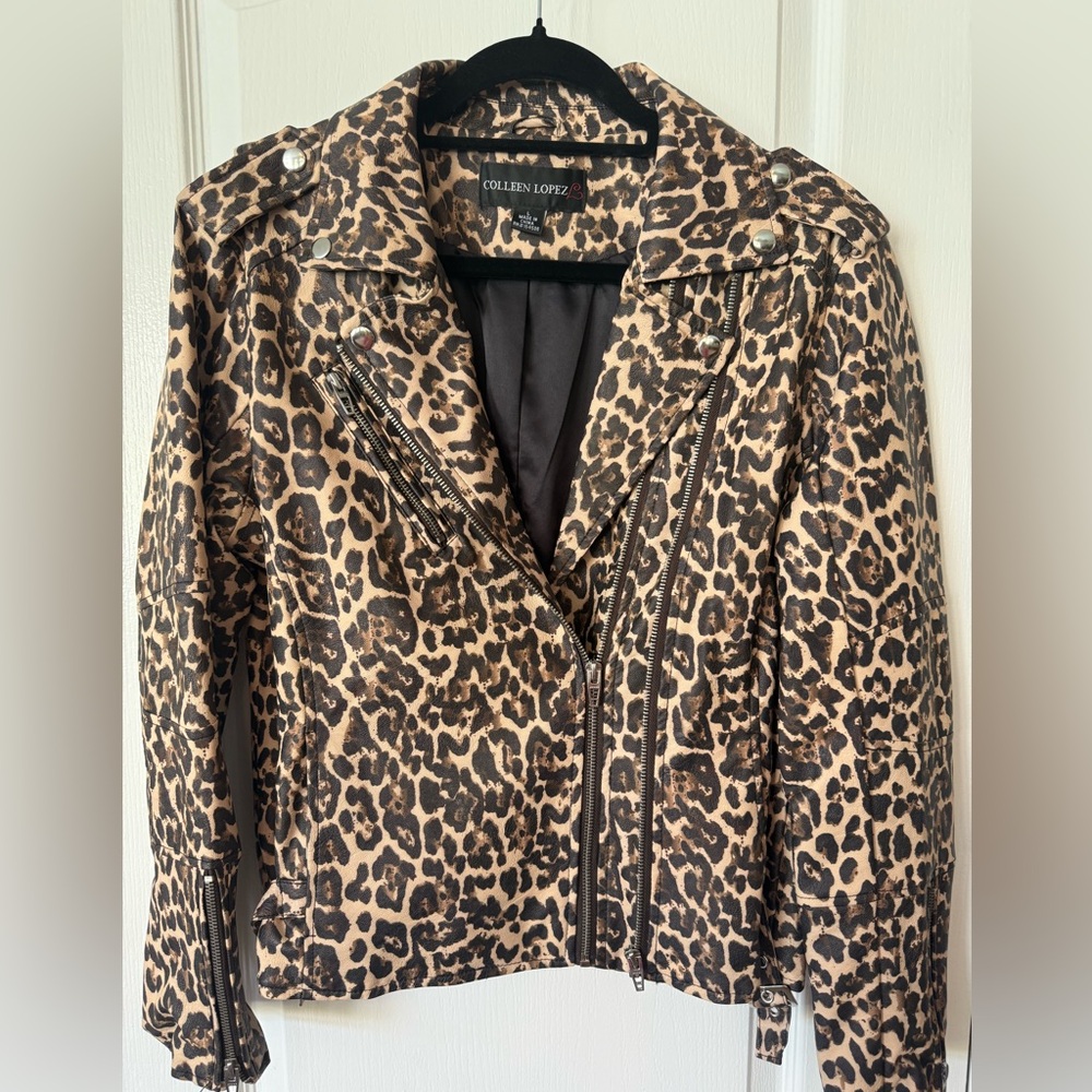 Colleen Lopez Leopard Print Moto Jacket Large Faux Leather Trim NWOT